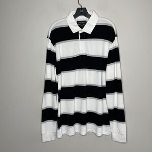 PACSUN Mens Black White Rugby Stripe Polo Shirt NEW Long-Sleeve Cotton Small S
